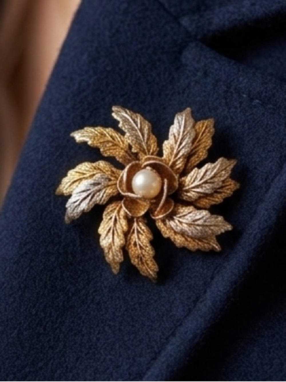 Gold Leaf Brooch with Pearl Accent